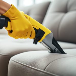 Close-up of a person's hand holding a yellow handheld vacuum cleaner while cleaning a gray fabric sofa.